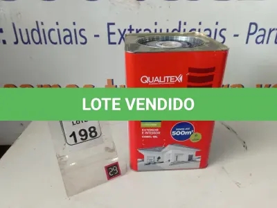LOTE 198 - 01 LATA DE TINTA MARCA QUALITEX 18L NA COR PEROLA. (NO ESTADO) ATENÇÃO! FAZER A VISITAÇÃO ANTES DE ARREMATAR, NÃO SABEMOS SE FUNCIONA. LEILÃO NÃO TEM GARANTIA E NEM DEVOLUÇÃO, SUJEITO A POSSÍVEIS AVARIAS VISÍVEIS/OCULTAS E/OU AUSÊNCIA DE COMPONENTES.