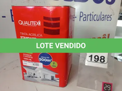 LOTE 198 - 01 LATA DE TINTA MARCA QUALITEX 18L NA COR PEROLA. (NO ESTADO) ATENÇÃO! FAZER A VISITAÇÃO ANTES DE ARREMATAR, NÃO SABEMOS SE FUNCIONA. LEILÃO NÃO TEM GARANTIA E NEM DEVOLUÇÃO, SUJEITO A POSSÍVEIS AVARIAS VISÍVEIS/OCULTAS E/OU AUSÊNCIA DE COMPONENTES.