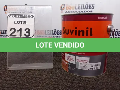 LOTE 213 - 01 LATA DE TINTA COR BRILHANTE PLATINA MARCA SUVINIL 3,6L P/METAIS. (NO ESTADO) ATENÇÃO! FAZER A VISITAÇÃO ANTES DE ARREMATAR, NÃO SABEMOS SE FUNCIONA. LEILÃO NÃO TEM GARANTIA E NEM DEVOLUÇÃO, SUJEITO A POSSÍVEIS AVARIAS VISÍVEIS/OCULTAS E/OU AUSÊNCIA DE COMPONENTES.
