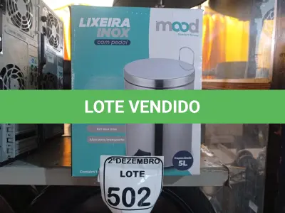 LOTE 502 - 01 LIXEIRA EM INOX COM PEDAL 5L MARCA MOOD. (NO ESTADO) ATENÇÃO! FAZER A VISITAÇÃO ANTES DE ARREMATAR, NÃO SABEMOS SE FUNCIONA. LEILÃO NÃO TEM GARANTIA E NEM DEVOLUÇÃO, SUJEITO A POSSÍVEIS AVARIAS VISÍVEIS/OCULTAS E/OU AUSÊNCIA DE COMPONENTES.