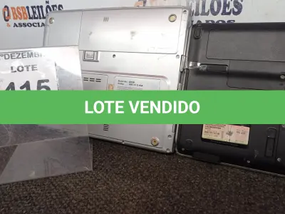 LOTE 415 - 02 NOTEBOOKS MARCAS E MODELOS DIVERSOS P/RETIRADA DE PEÇAS. (NO ESTADO) ATENÇÃO! FAZER A VISITAÇÃO ANTES DE ARREMATAR, NÃO SABEMOS SE FUNCIONA. LEILÃO NÃO TEM GARANTIA E NEM DEVOLUÇÃO, SUJEITO A POSSÍVEIS AVARIAS VISÍVEIS/OCULTAS E/OU AUSÊNCIA DE COMPONENTES.