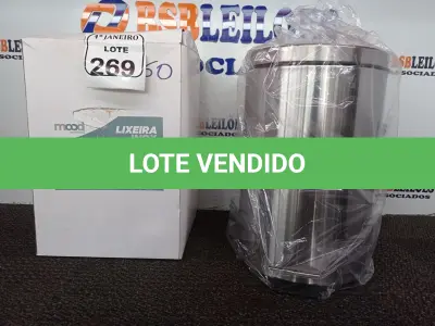 LOTE 269 - 01 LIXEIRA EM INOX 12L C/PEDAL MARCA MOOD. (NO ESTADO) ATENÇÃO! FAZER A VISITAÇÃO ANTES DE ARREMATAR, NÃO SABEMOS SE FUNCIONA. LEILÃO NÃO TEM GARANTIA E NEM DEVOLUÇÃO, SUJEITO A POSSÍVEIS AVARIAS VISÍVEIS/OCULTAS E/OU AUSÊNCIA DE COMPONENTES.