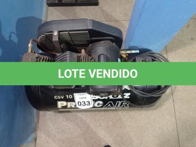 LOTE 033 - 01 COMPRESSOR DE AR PRATICA IR 10/100LITROS SCHULZ. (NO ESTADO) ATENÇÃO! FAZER A VISITAÇÃO ANTES DE ARREMATAR, NÃO SABEMOS SE FUNCIONA. LEILÃO NÃO TEM GARANTIA E NEM DEVOLUÇÃO, SUJEITO A POSSÍVEIS AVARIAS VISÍVEIS/OCULTAS E/OU AUSÊNCIA DE COMPONENTES.