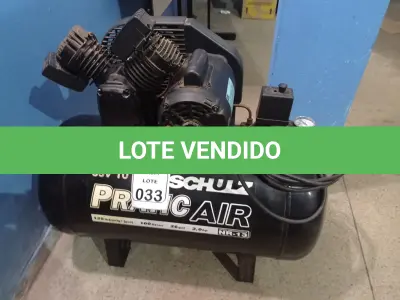LOTE 033 - 01 COMPRESSOR DE AR PRATICA IR 10/100LITROS SCHULZ. (NO ESTADO) ATENÇÃO! FAZER A VISITAÇÃO ANTES DE ARREMATAR, NÃO SABEMOS SE FUNCIONA. LEILÃO NÃO TEM GARANTIA E NEM DEVOLUÇÃO, SUJEITO A POSSÍVEIS AVARIAS VISÍVEIS/OCULTAS E/OU AUSÊNCIA DE COMPONENTES.