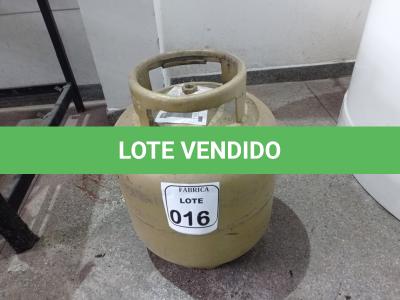 LOTE 016 - 01 BOTIJÃO DE GÁS 13KG. (NO ESTADO) ATENÇÃO! FAZER A VISITAÇÃO ANTES DE ARREMATAR, NÃO SABEMOS SE FUNCIONA. LEILÃO NÃO TEM GARANTIA E NEM DEVOLUÇÃO, SUJEITO A POSSÍVEIS AVARIAS VISÍVEIS/OCULTAS E/OU AUSÊNCIA DE COMPONENTES.