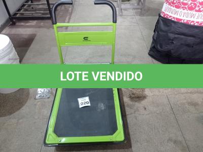 LOTE 020 - 01 CARRINHO PARA CARGA DOBRÁVEL 300KG. (NO ESTADO) ATENÇÃO! FAZER A VISITAÇÃO ANTES DE ARREMATAR, NÃO SABEMOS SE FUNCIONA. LEILÃO NÃO TEM GARANTIA E NEM DEVOLUÇÃO, SUJEITO A POSSÍVEIS AVARIAS VISÍVEIS/OCULTAS E/OU AUSÊNCIA DE COMPONENTES.