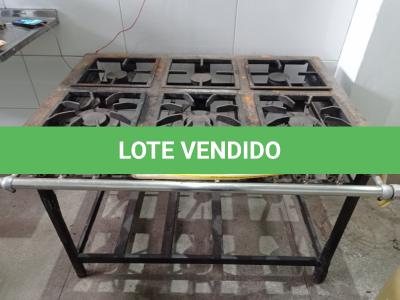 LOTE 007 - 01 FOGÃO INDUSTRIAL DE 6 BOCAS. (NO ESTADO) ATENÇÃO! FAZER A VISITAÇÃO ANTES DE ARREMATAR, NÃO SABEMOS SE FUNCIONA. LEILÃO NÃO TEM GARANTIA E NEM DEVOLUÇÃO, SUJEITO A POSSÍVEIS AVARIAS VISÍVEIS/OCULTAS E/OU AUSÊNCIA DE COMPONENTES.
