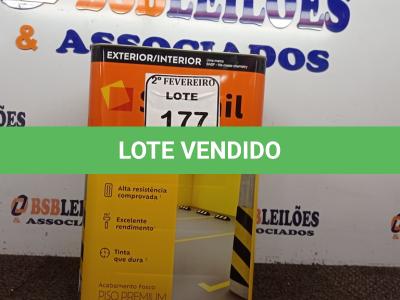 LOTE 177 - 01 LATA DE TINTA EXTERIOR/INTERIOR PARA PISO NA COR FOSCO CINZA ESCURO DE 18L SUVINIL. (NO ESTADO) ATENÇÃO! FAZER A VISITAÇÃO ANTES DE ARREMATAR, NÃO SABEMOS SE FUNCIONA. LEILÃO NÃO TEM GARANTIA E NEM DEVOLUÇÃO, SUJEITO A POSSÍVEIS AVARIAS VISÍVEIS/OCULTAS E/OU AUSÊNCIA DE COMPONENTES.