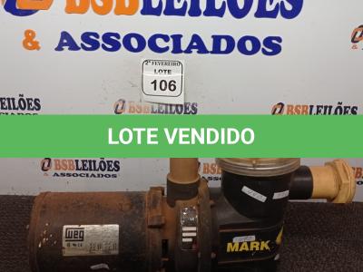 LOTE 106 - 01 BOMBA D’ÁGUA MARCA MARK. (NO ESTADO) ATENÇÃO! FAZER A VISITAÇÃO ANTES DE ARREMATAR, NÃO SABEMOS SE FUNCIONA. LEILÃO NÃO TEM GARANTIA E NEM DEVOLUÇÃO, SUJEITO A POSSÍVEIS AVARIAS VISÍVEIS/OCULTAS E/OU AUSÊNCIA DE COMPONENTES.