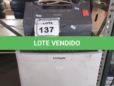LOTE 137 - 02 IMPRESSORAS SENDO 01 LEXMARK E 01 LX 300 MARCAS EPSON E 01 SCANNER.  (NO ESTADO) ATENÇÃO! FAZER A VISITAÇÃO ANTES DE ARREMATAR, NÃO SABEMOS SE FUNCIONA. LEILÃO NÃO TEM GARANTIA E NEM DEVOLUÇÃO, SUJEITO A POSSÍVEIS AVARIAS VISÍVEIS/OCULTAS E/OU AUSÊNCIA DE COMPONENTES.