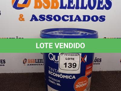 LOTE 139 - 01 GALÃO DE TINTA PARA INTERIOR QUALITEX 18L RENDE ATÉ 300M COR PEROLA. (NOVO) (NO ESTADO) ATENÇÃO! FAZER A VISITAÇÃO ANTES DE ARREMATAR, NÃO SABEMOS SE FUNCIONA. LEILÃO NÃO TEM GARANTIA E NEM DEVOLUÇÃO, SUJEITO A POSSÍVEIS AVARIAS VISÍVEIS/OCULTAS E/OU AUSÊNCIA DE COMPONENTES.