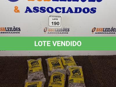 LOTE 190 - 06 KG DE PREGOS MARCA GERDAL BITOLA 15X15. (NOVO) (NO ESTADO) ATENÇÃO! FAZER A VISITAÇÃO ANTES DE ARREMATAR, NÃO SABEMOS SE FUNCIONA. LEILÃO NÃO TEM GARANTIA E NEM DEVOLUÇÃO, SUJEITO A POSSÍVEIS AVARIAS VISÍVEIS/OCULTAS E/OU AUSÊNCIA DE COMPONENTES.