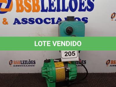 LOTE 205 - 01 BOMBA PRESSURIZADORA MARCA SYLLENTE. (NO ESTADO) ATENÇÃO! FAZER A VISITAÇÃO ANTES DE ARREMATAR, NÃO SABEMOS SE FUNCIONA. LEILÃO NÃO TEM GARANTIA E NEM DEVOLUÇÃO, SUJEITO A POSSÍVEIS AVARIAS VISÍVEIS/OCULTAS E/OU AUSÊNCIA DE COMPONENTES.