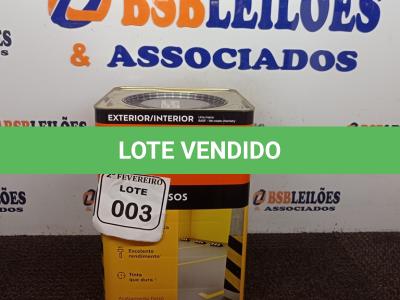 LOTE 003 - 01 LATA DE TINTA SUVINIL 18L NA COR FOSCO CINZA ESCURO. (NO ESTADO) ATENÇÃO! FAZER A VISITAÇÃO ANTES DE ARREMATAR, NÃO SABEMOS SE FUNCIONA. LEILÃO NÃO TEM GARANTIA E NEM DEVOLUÇÃO, SUJEITO A POSSÍVEIS AVARIAS VISÍVEIS/OCULTAS E/OU AUSÊNCIA DE COMPONENTES.