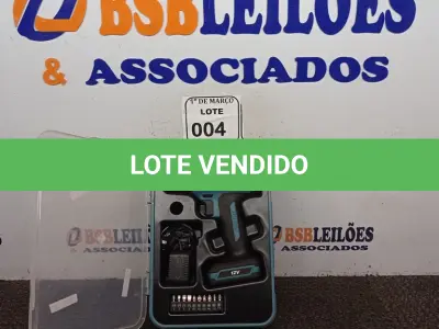 LOTE 004 - 01 PARAFUSADEIRA WESCO 12V. (NO ESTADO) ATENÇÃO! FAZER A VISITAÇÃO ANTES DE ARREMATAR, NÃO SABEMOS SE FUNCIONA. LEILÃO NÃO TEM GARANTIA E NEM DEVOLUÇÃO, SUJEITO A POSSÍVEIS AVARIAS VISÍVEIS/OCULTAS E/OU AUSÊNCIA DE COMPONENTES.