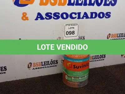 LOTE 098 - 01 LATA DE TINTA ESMALTE PARA MADEIRAS E METAIS NA COR BRILHANTE VERMELHO DE 3,6L MARCA SUVINIL. (NOVO) (NO ESTADO) ATENÇÃO! FAZER A VISITAÇÃO ANTES DE ARREMATAR, NÃO SABEMOS SE FUNCIONA. LEILÃO NÃO TEM GARANTIA E NEM DEVOLUÇÃO, SUJEITO A POSSÍVEIS AVARIAS VISÍVEIS/OCULTAS E/OU AUSÊNCIA DE COMPONENTES.