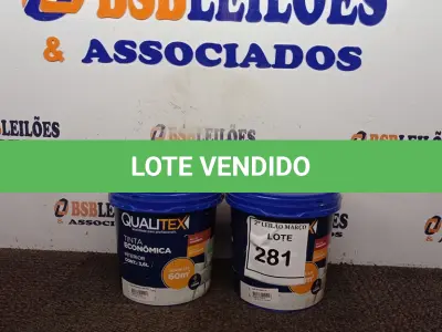 LOTE 281 - 02 BALDES TINTA QUALITEX 3,6L NA COR AREIA E AMARELO. (NO ESTADO) ATENÇÃO! FAZER A VISITAÇÃO ANTES DE ARREMATAR, NÃO SABEMOS SE FUNCIONA. LEILÃO NÃO TEM GARANTIA E NEM DEVOLUÇÃO, SUJEITO A POSSÍVEIS AVARIAS VISÍVEIS/OCULTAS E/OU AUSÊNCIA DE COMPONENTES.