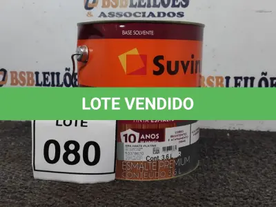 LOTE 080 - 01 LATA DE TINTA ESMALTE PARA MADEIRAS E METAIS NA COR BRILHANTE PLATINA DE 3,6L MARCA SUVINIL. (NOVO) (NO ESTADO) ATENÇÃO! FAZER A VISITAÇÃO ANTES DE ARREMATAR, NÃO SABEMOS SE FUNCIONA. LEILÃO NÃO TEM GARANTIA E NEM DEVOLUÇÃO, SUJEITO A POSSÍVEIS AVARIAS VISÍVEIS/OCULTAS E/OU AUSÊNCIA DE COMPONENTES.