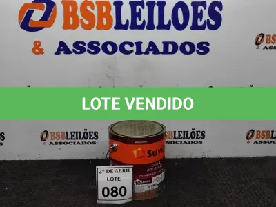 LOTE 080 - 01 LATA DE TINTA ESMALTE PARA MADEIRAS E METAIS NA COR BRILHANTE PLATINA DE 3,6L MARCA SUVINIL. (NOVO) (NO ESTADO) ATENÇÃO! FAZER A VISITAÇÃO ANTES DE ARREMATAR, NÃO SABEMOS SE FUNCIONA. LEILÃO NÃO TEM GARANTIA E NEM DEVOLUÇÃO, SUJEITO A POSSÍVEIS AVARIAS VISÍVEIS/OCULTAS E/OU AUSÊNCIA DE COMPONENTES.
