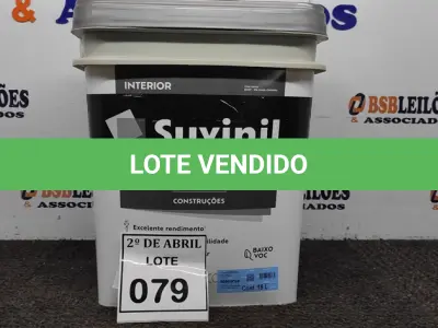 LOTE 079 - 01 GALÃO DE TINTA SUVINIL DE 18L PARA INTERIORES ACABAMENTO FOSCO BRANCO. (NOVO) (NO ESTADO) ATENÇÃO! FAZER A VISITAÇÃO ANTES DE ARREMATAR, NÃO SABEMOS SE FUNCIONA. LEILÃO NÃO TEM GARANTIA E NEM DEVOLUÇÃO, SUJEITO A POSSÍVEIS AVARIAS VISÍVEIS/OCULTAS E/OU AUSÊNCIA DE COMPONENTES.