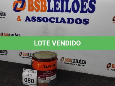 LOTE 080 - 01 LATA DE TINTA ESMALTE PARA MADEIRAS E METAIS NA COR BRILHANTE PLATINA DE 3,6L MARCA SUVINIL. (NOVO) (NO ESTADO) ATENÇÃO! FAZER A VISITAÇÃO ANTES DE ARREMATAR, NÃO SABEMOS SE FUNCIONA. LEILÃO NÃO TEM GARANTIA E NEM DEVOLUÇÃO, SUJEITO A POSSÍVEIS AVARIAS VISÍVEIS/OCULTAS E/OU AUSÊNCIA DE COMPONENTES.