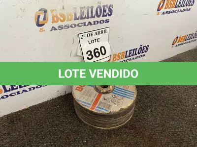 LOTE 360 - 10 DISCOS DE DESBASTE P/LIXADEIRA. (NO ESTADO) ATENÇÃO! FAZER A VISITAÇÃO ANTES DE ARREMATAR, NÃO SABEMOS SE FUNCIONA. LEILÃO NÃO TEM GARANTIA E NEM DEVOLUÇÃO, SUJEITO A POSSÍVEIS AVARIAS VISÍVEIS/OCULTAS E/OU AUSÊNCIA DE COMPONENTES.