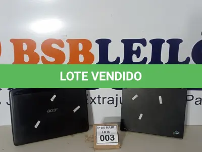 LOTE 003 - 02 NOTEBOOKS SENDO 01 MARCA ACER E 01 IBM SEM CARREGADOR COM AVARIAS.  (NO ESTADO) ATENÇÃO! FAZER A VISITAÇÃO ANTES DE ARREMATAR, NÃO SABEMOS SE FUNCIONA. LEILÃO NÃO TEM GARANTIA E NEM DEVOLUÇÃO, SUJEITO A POSSÍVEIS AVARIAS VISÍVEIS/OCULTAS E/OU AUSÊNCIA DE COMPONENTES.