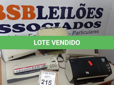 LOTE 215 - 01 PLASTIFICADORA A4-2401 MENNO, 04 SCANNERS MARCAS E MODELOS DIVERSOS E 01 RELÓGIO DE PONTO. (NO ESTADO) ATENÇÃO! FAZER A VISITAÇÃO ANTES DE ARREMATAR, NÃO SABEMOS SE FUNCIONA. LEILÃO NÃO TEM GARANTIA E NEM DEVOLUÇÃO, SUJEITO A POSSÍVEIS AVARIAS VISÍVEIS/OCULTAS E/OU AUSÊNCIA DE COMPONENTES.
