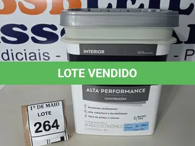 LOTE 264 - 01 BALDE DE TINTA SUVINIL INTERIORES FOSCOS 18L NA COR FOSCO BRANCO. VENCIMENTO 10/2027 (NOVO) (NO ESTADO) ATENÇÃO! FAZER A VISITAÇÃO ANTES DE ARREMATAR, NÃO SABEMOS SE FUNCIONA. LEILÃO NÃO TEM GARANTIA E NEM DEVOLUÇÃO, SUJEITO A POSSÍVEIS AVARIAS VISÍVEIS/OCULTAS E/OU AUSÊNCIA DE COMPONENTES.