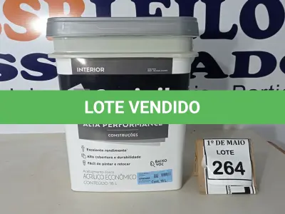 LOTE 264 - 01 BALDE DE TINTA SUVINIL INTERIORES FOSCOS 18L NA COR FOSCO BRANCO. VENCIMENTO 10/2027 (NOVO) (NO ESTADO) ATENÇÃO! FAZER A VISITAÇÃO ANTES DE ARREMATAR, NÃO SABEMOS SE FUNCIONA. LEILÃO NÃO TEM GARANTIA E NEM DEVOLUÇÃO, SUJEITO A POSSÍVEIS AVARIAS VISÍVEIS/OCULTAS E/OU AUSÊNCIA DE COMPONENTES.