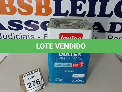LOTE 276 - 01 LATA DE TINTA PARA INTERIORES DE 16/18 BRANCO BASE P MARCA IQUINE DIATEX. (NOVO) (NO ESTADO) ATENÇÃO! FAZER A VISITAÇÃO ANTES DE ARREMATAR, NÃO SABEMOS SE FUNCIONA. LEILÃO NÃO TEM GARANTIA E NEM DEVOLUÇÃO, SUJEITO A POSSÍVEIS AVARIAS VISÍVEIS/OCULTAS E/OU AUSÊNCIA DE COMPONENTES.