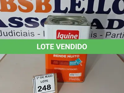 LOTE 248 - 01 LATA DE TINTA EXTERIOR/INTERIOR DE 16/18L DELANIL FOSCO BASE P MARCA IQUINE. (NOVO) (NO ESTADO) ATENÇÃO! FAZER A VISITAÇÃO ANTES DE ARREMATAR, NÃO SABEMOS SE FUNCIONA. LEILÃO NÃO TEM GARANTIA E NEM DEVOLUÇÃO, SUJEITO A POSSÍVEIS AVARIAS VISÍVEIS/OCULTAS E/OU AUSÊNCIA DE COMPONENTES.