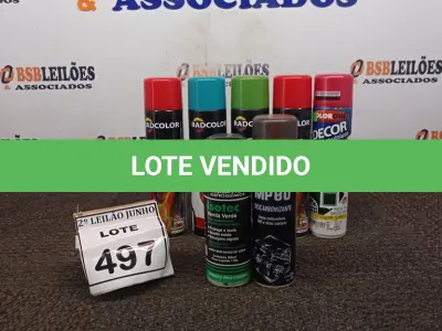 LOTE 497 - 05 TINTAS SPRAY DE CORES DIVERSAS, 01 DESCARBONIZANTE E 01 VERNIZ VERDE ISOTEC. (NO ESTADO) ATENÇÃO! FAZER A VISITAÇÃO ANTES DE ARREMATAR, NÃO SABEMOS SE FUNCIONA, LEILÃO NÃO TEM GARANTIA E NEM DEVOLUÇÃO, SUJEITO A POSSÍVEIS AVARIAS VISÍVEIS/OCULTAS E/OU AUSÊNCIA DE COMPONENTES.