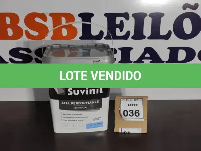 LOTE 036 - 01 BALDE DE TINTA SUVINIL INTERIORES FOSCOS 18L NA COR FOSCO BRANCO. VENCIMENTO 10/2027 (NOVO) (NO ESTADO) ATENÇÃO! FAZER A VISITAÇÃO ANTES DE ARREMATAR, NÃO SABEMOS SE FUNCIONA. LEILÃO NÃO TEM GARANTIA E NEM DEVOLUÇÃO, SUJEITO A POSSÍVEIS AVARIAS VISÍVEIS/OCULTAS E/OU AUSÊNCIA DE COMPONENTES.