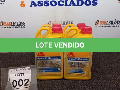 LOTE 002 - 04 ADITIVOS PLASTIFICANTE PARA ARGAMASSA DE ASSENTAMENTO E REBOCO COM 3,6L MARCA SIKA.  (NO ESTADO) ATENÇÃO! FAZER A VISITAÇÃO ANTES DE ARREMATAR, NÃO SABEMOS SE FUNCIONA. LEILÃO NÃO TEM GARANTIA E NEM DEVOLUÇÃO, SUJEITO A POSSÍVEIS AVARIAS VISÍVEIS/OCULTAS E/OU AUSÊNCIA DE COMPONENTES.