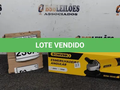 LOTE 230 - ESMERILHADEIRA ANGULAR 220V 710W  ACESSÓRIOS 1CHAVE 1PROTETOR 1MANOPLA. (NO ESTADO) ATENÇÃO! FAZER A VISITAÇÃO ANTES DE ARREMATAR, NÃO SABEMOS SE FUNCIONA, LEILÃO NÃO TEM GARANTIA E NEM DEVOLUÇÃO, SUJEITO A POSSÍVEIS AVARIAS VISÍVEIS/OCULTAS E/OU AUSÊNCIA DE COMPONENTES. 