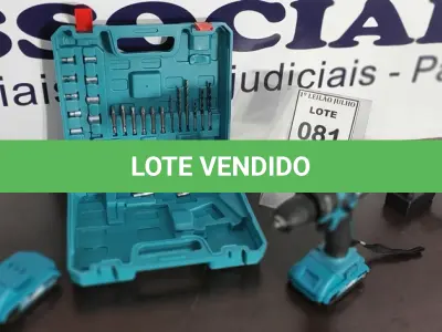 LOTE 081 - 01 PARAFUSADEIRA MARCA YQ 48V. (NO ESTADO) ATENÇÃO! FAZER A VISITAÇÃO ANTES DE ARREMATAR, NÃO SABEMOS SE FUNCIONA. LEILÃO NÃO TEM GARANTIA E NEM DEVOLUÇÃO, SUJEITO A POSSÍVEIS AVARIAS VISÍVEIS/OCULTAS E/OU AUSÊNCIA DE COMPONENTES.