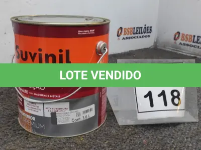 LOTE 118 - 01 LATA DE TINTA ESMALTE PARA MADEIRAS E METAIS NA COR BRILHANTE CINZA ESCURO DE 3,6L MARCA SUVINIL. (NOVO) (NO ESTADO) ATENÇÃO! FAZER A VISITAÇÃO ANTES DE ARREMATAR, NÃO SABEMOS SE FUNCIONA. LEILÃO NÃO TEM GARANTIA E NEM DEVOLUÇÃO, SUJEITO A POSSÍVEIS AVARIAS VISÍVEIS/OCULTAS E/OU AUSÊNCIA DE COMPONENTES.