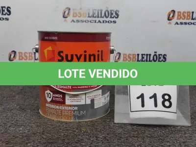 LOTE 118 - 01 LATA DE TINTA ESMALTE PARA MADEIRAS E METAIS NA COR BRILHANTE CINZA ESCURO DE 3,6L MARCA SUVINIL. (NOVO) (NO ESTADO) ATENÇÃO! FAZER A VISITAÇÃO ANTES DE ARREMATAR, NÃO SABEMOS SE FUNCIONA. LEILÃO NÃO TEM GARANTIA E NEM DEVOLUÇÃO, SUJEITO A POSSÍVEIS AVARIAS VISÍVEIS/OCULTAS E/OU AUSÊNCIA DE COMPONENTES.