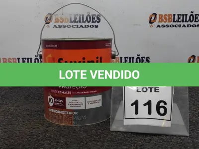 LOTE 116 - 01 LATA DE TINTA ESMALTE PARA MADEIRAS E METAIS NA COR BRILHANTE PLATINA DE 3,6L MARCA SUVINIL. (NOVO) (NO ESTADO) ATENÇÃO! FAZER A VISITAÇÃO ANTES DE ARREMATAR, NÃO SABEMOS SE FUNCIONA. LEILÃO NÃO TEM GARANTIA E NEM DEVOLUÇÃO, SUJEITO A POSSÍVEIS AVARIAS VISÍVEIS/OCULTAS E/OU AUSÊNCIA DE COMPONENTES.