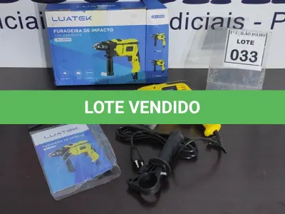 LOTE 033 - 01 FURADEIRA DE IMPACTO COM MARTELETE 220V MARCA LUATEK. (NO ESTADO) ATENÇÃO! FAZER A VISITAÇÃO ANTES DE ARREMATAR, NÃO SABEMOS SE FUNCIONA. LEILÃO NÃO TEM GARANTIA E NEM DEVOLUÇÃO, SUJEITO A POSSÍVEIS AVARIAS VISÍVEIS/OCULTAS E/OU AUSÊNCIA DE COMPONENTES.