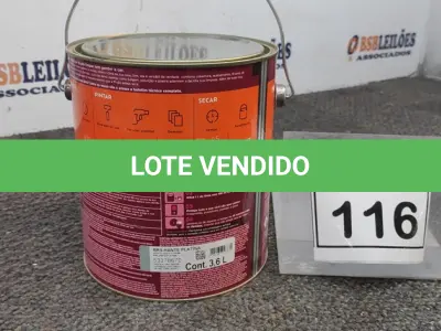 LOTE 116 - 01 LATA DE TINTA ESMALTE PARA MADEIRAS E METAIS NA COR BRILHANTE PLATINA DE 3,6L MARCA SUVINIL. (NOVO) (NO ESTADO) ATENÇÃO! FAZER A VISITAÇÃO ANTES DE ARREMATAR, NÃO SABEMOS SE FUNCIONA. LEILÃO NÃO TEM GARANTIA E NEM DEVOLUÇÃO, SUJEITO A POSSÍVEIS AVARIAS VISÍVEIS/OCULTAS E/OU AUSÊNCIA DE COMPONENTES.