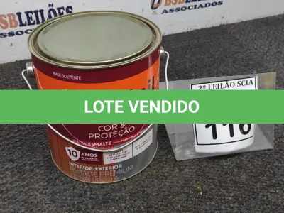 LOTE 116 - 01 LATA DE TINTA ESMALTE PARA MADEIRAS E METAIS NA COR BRILHANTE PLATINA DE 3,6L MARCA SUVINIL. (NOVO) (NO ESTADO) ATENÇÃO! FAZER A VISITAÇÃO ANTES DE ARREMATAR, NÃO SABEMOS SE FUNCIONA. LEILÃO NÃO TEM GARANTIA E NEM DEVOLUÇÃO, SUJEITO A POSSÍVEIS AVARIAS VISÍVEIS/OCULTAS E/OU AUSÊNCIA DE COMPONENTES.