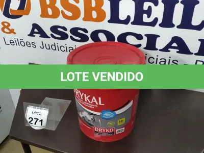 LOTE 271 - 01 GALÃO DE 18L DE ADITIVO PLASTIFICANTE PARA ARGAMASSA MARCA DRYKAL. (NOVO) (NO ESTADO) ATENÇÃO! FAZER A VISITAÇÃO ANTES DE ARREMATAR, NÃO SABEMOS SE FUNCIONA. LEILÃO NÃO TEM GARANTIA E NEM DEVOLUÇÃO, SUJEITO A POSSÍVEIS AVARIAS VISÍVEIS/OCULTAS E/OU AUSÊNCIA DE COMPONENTES.