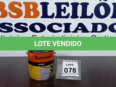 LOTE 078 - 01 LATA DE TINTA PARA PISOS 3,6L NA COR FOSCO CERÂMICA MARCA SUVINIL. (NO ESTADO) ATENÇÃO! FAZER A VISITAÇÃO ANTES DE ARREMATAR, NÃO SABEMOS SE FUNCIONA, LEILÃO NÃO TEM GARANTIA E NEM DEVOLUÇÃO, SUJEITO A POSSÍVEIS AVARIAS VISÍVEIS/OCULTAS E/OU AUSÊNCIA DE COMPONENTES.