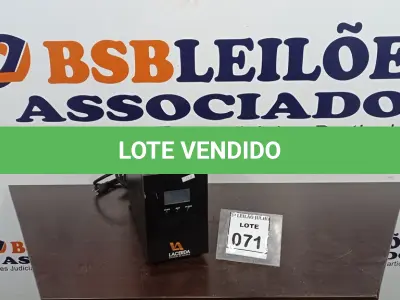 LOTE 071 - 01 NOBREAK MARCA LACERDA. (NO ESTADO) ATENÇÃO! FAZER A VISITAÇÃO ANTES DE ARREMATAR, NÃO SABEMOS SE FUNCIONA, LEILÃO NÃO TEM GARANTIA E NEM DEVOLUÇÃO, SUJEITO A POSSÍVEIS AVARIAS VISÍVEIS/OCULTAS E/OU AUSÊNCIA DE COMPONENTES.
