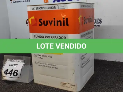 LOTE 446 - 01 LATA DE FUNDO PREPARADOR INTERIOR/EXTERIOR 18L MARCA SUVINIL. (NO ESTADO) ATENÇÃO! FAZER A VISITAÇÃO ANTES DE ARREMATAR, NÃO SABEMOS SE FUNCIONA, LEILÃO NÃO TEM GARANTIA E NEM DEVOLUÇÃO, SUJEITO A POSSÍVEIS AVARIAS VISÍVEIS/OCULTAS E/OU AUSÊNCIA DE COMPONENTES.