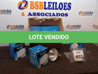 LOTE 452 - 09 LÂMPADAS HALÓGENAS PAR 38 100W 220V MARCA GOLDEN. (NO ESTADO) ATENÇÃO! FAZER A VISITAÇÃO ANTES DE ARREMATAR, NÃO SABEMOS SE FUNCIONA, LEILÃO NÃO TEM GARANTIA E NEM DEVOLUÇÃO, SUJEITO A POSSÍVEIS AVARIAS VISÍVEIS/OCULTAS E/OU AUSÊNCIA DE COMPONENTES.