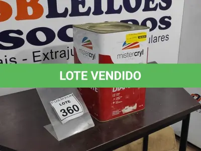 LOTE 360 - 01 LATA DE TINTA PISO 18L COR BRANCA MARCA MISTERCRYL. (NO ESTADO) ATENÇÃO! FAZER A VISITAÇÃO ANTES DE ARREMATAR, NÃO SABEMOS SE FUNCIONA. LEILÃO NÃO TEM GARANTIA E NEM DEVOLUÇÃO, SUJEITO A POSSÍVEIS AVARIAS VISÍVEIS/OCULTAS E/OU AUSÊNCIA DE COMPONENTES.