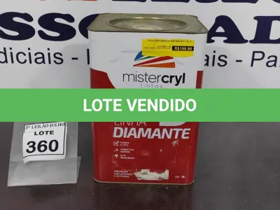 LOTE 360 - 01 LATA DE TINTA PISO 18L COR BRANCA MARCA MISTERCRYL. (NO ESTADO) ATENÇÃO! FAZER A VISITAÇÃO ANTES DE ARREMATAR, NÃO SABEMOS SE FUNCIONA. LEILÃO NÃO TEM GARANTIA E NEM DEVOLUÇÃO, SUJEITO A POSSÍVEIS AVARIAS VISÍVEIS/OCULTAS E/OU AUSÊNCIA DE COMPONENTES.